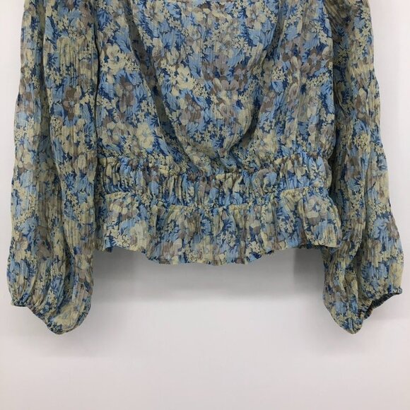 ASTR The Label Elva Floral Long Ruffle Sleeve Square Neck Blue Taupe blouse LG - Picture 8 of 16